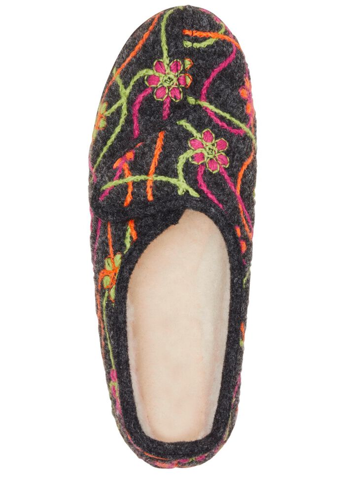 Klett-Hausschuh mit bunter Bl&uuml;ten-Stickerei ANTHRAZIT-BUNT