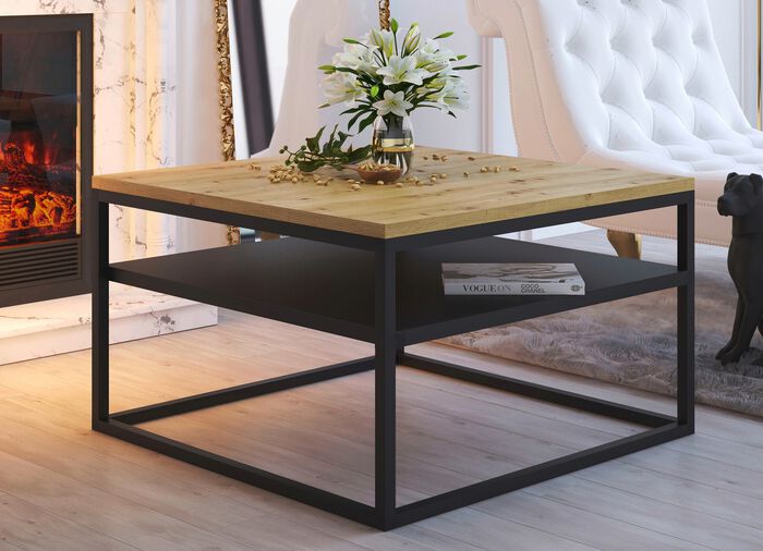 Couchtisch mit Gestell und Ablage aus Stahl EICHE HELL-SCHWARZ
