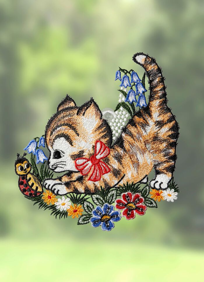 Fensterbild K&auml;tzchen aus echter Plauener Spitze 