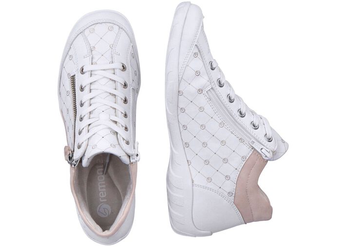 Remonte Schn&uuml;r-Bootie aus bedrucktem und metallisch schimmerndem Synthetikmaterial WEISS-PUDERROS&Eacute;