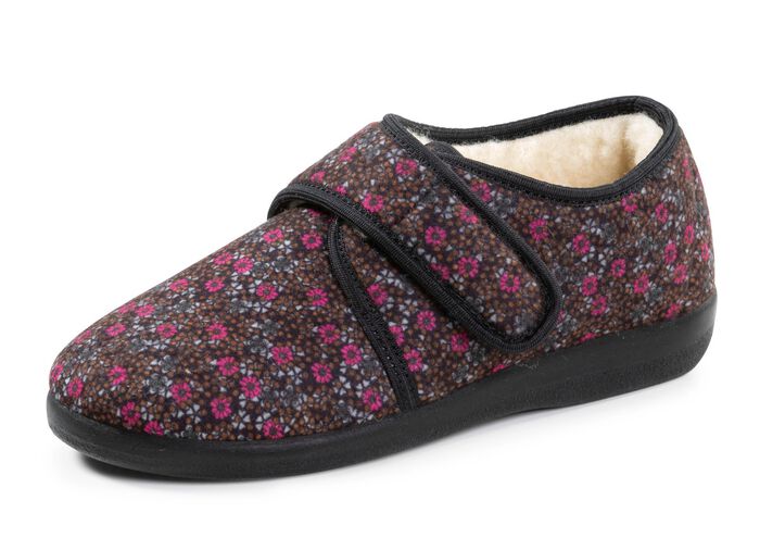 Warme Damen-Hausschuhe, Weite H, mit Klettverschluss SCHWARZ-BUNT