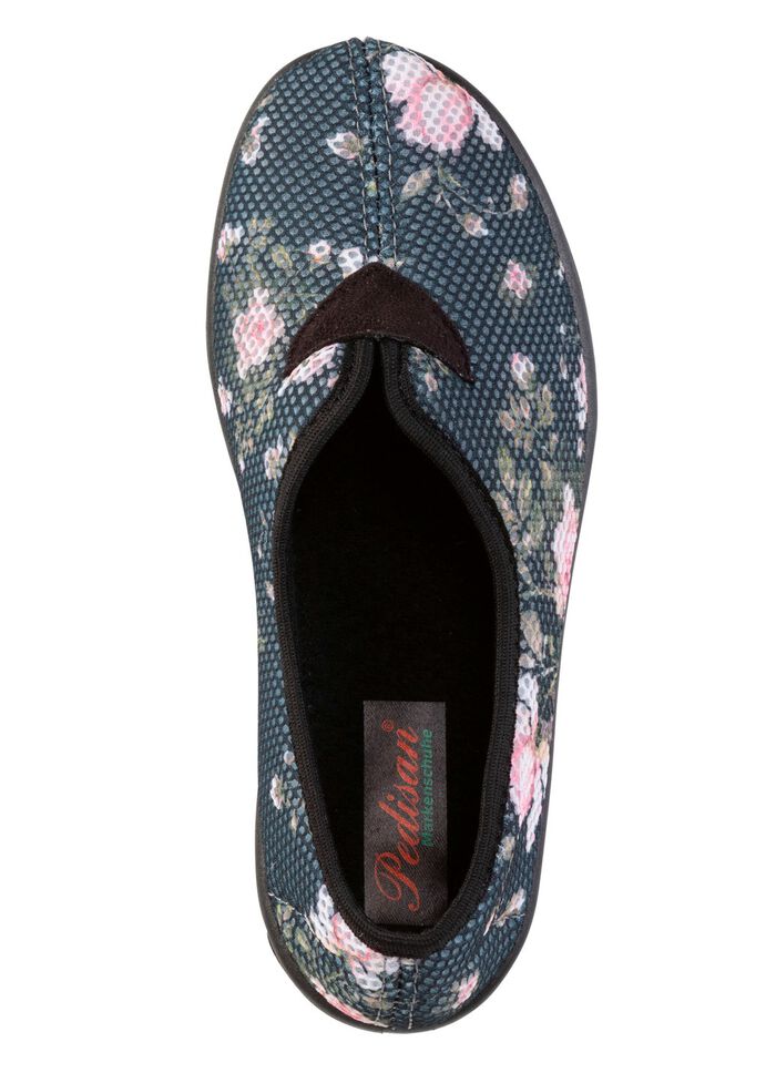 Bequeme Damen-Hausschuhe, Weite H, aus floral bedrucktem Meshmaterial GRAU-BUNT