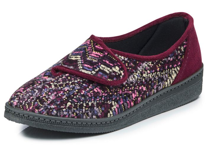 Klassische Damen-Hausschuhe, Weite H, mit Klettverschluss BORDEAUX-MULTICOLOR