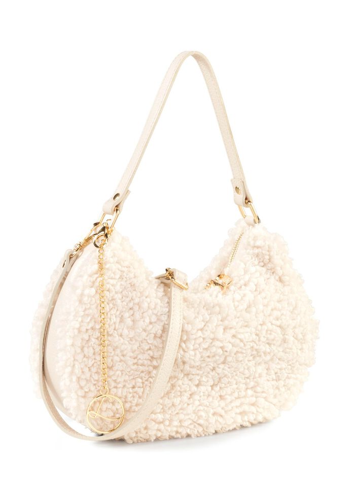 Laurina Tasche aus kuscheligem Teddy-Pl&uuml;sch und genarbtem Kalbleder ECRU