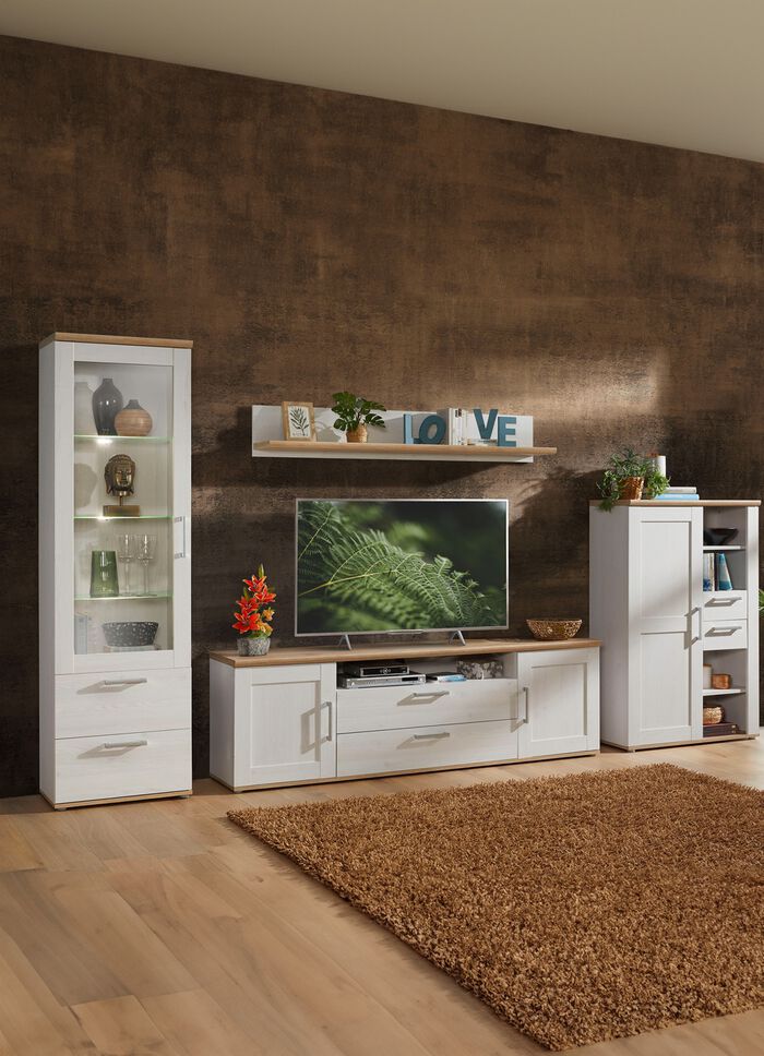 Wohnwand mit LED-Beleuchtung WEISS-EICHE