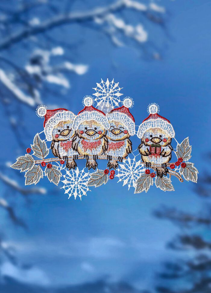 Fensterbild Winterv&ouml;gel aus echter Plauener Spitze 