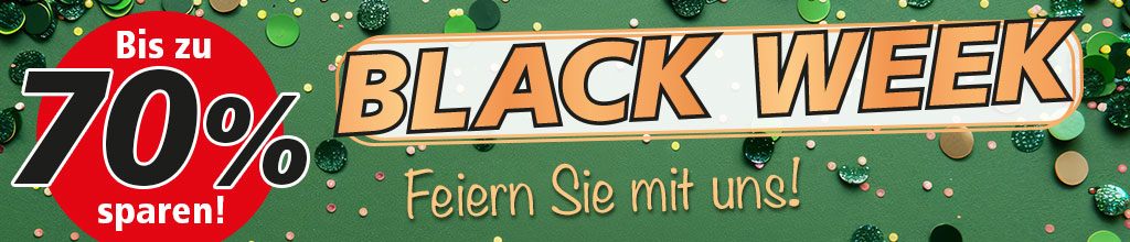 Black Week - 70% sparen. Grüner Hintergründ und roter Button.